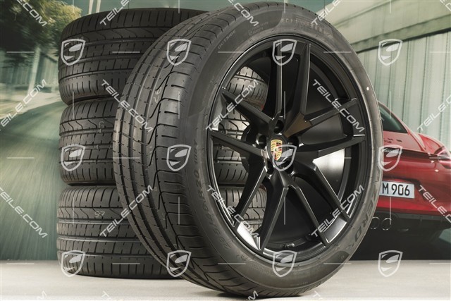 20" "Macan S" Sommerräder Satz, Felgen 9J x 20 ET26 + 10J x 20 ET19 + NEUE Pirelli Sommerreifen 265/45 R20 + 295/40 R20, Schwarz seidenmatt, mit RDK-Sensoren