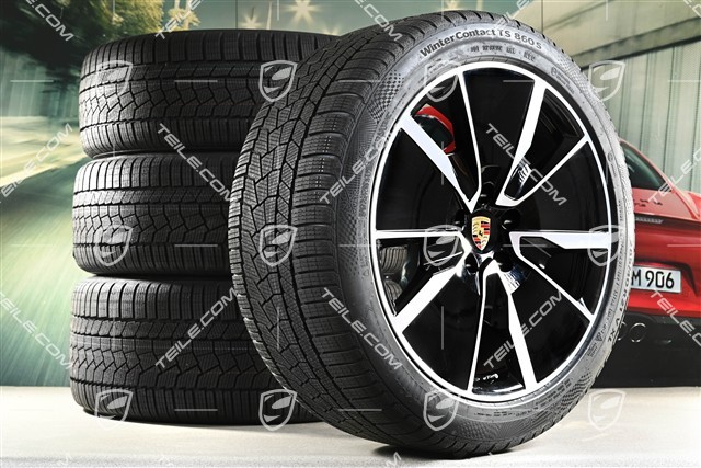 21" Macan Turbo Winterräder Satz, Felgen 8,5J x 21 ET27 + 10,5J x 21 ET47 + NEUE Continental Winterreifen 255/45 R21 + 285/40 R21, in Schwarz Hochglanz