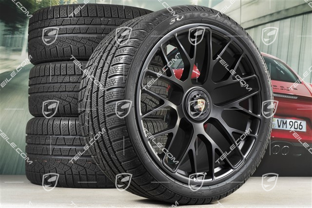 20" Turbo S Zentralverschluss Winterräder Satz für Carrera GTS, Felgen 8,5J x 20 ET51 + 11J x 20 ET52 + Pirelli Sottozero II Winterreifen 245/35 R20+295/30 R20, Schwarz (seidenglanz), mit RDK-Sensoren
