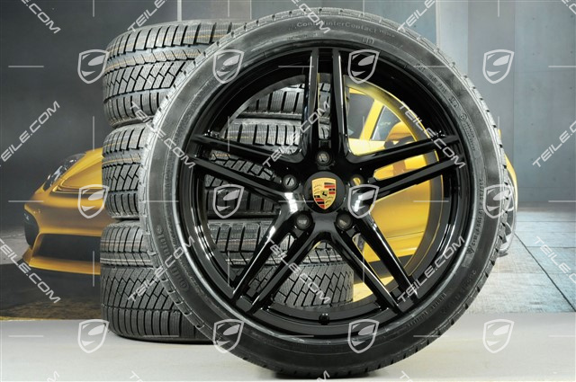 19" koła zimowe, komplet Carrera, felgi 8,5J x 19 ET50 + 11J x 19 ET56 + opony zimowe Continental WinterContact TS 830P 235/40 R19 + 295/35 R19, nie do samochodów z PCCB + skrętna tylna oś, czarny wysoki połysk