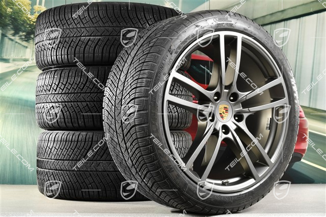 21" Cayenne Turbo Winterräder Satz, Felgen 9,5J x 21 ET46 + 11,0J x 21 ET58 + Michelin Winterreifen 275/40 R21 + 305/35 R21, mit RDK-Sensoren, in Platinum Seidenmatt