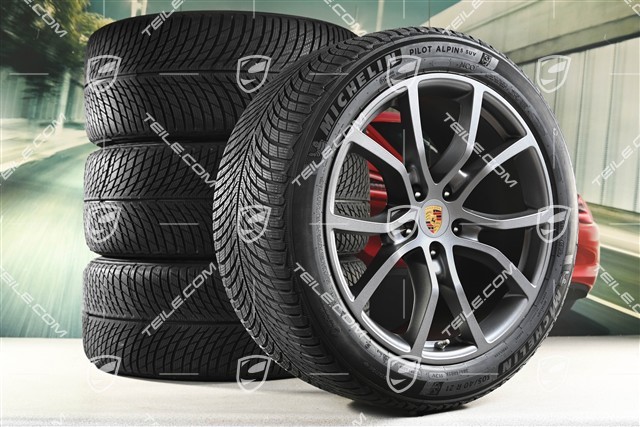21" Cayenne Exclusive Design Winterräder Satz, Felgen 9,5J x 21 ET46 + 11,0J x 21 ET49 + Michelin Pilot Alpin 5 SUV Winterreifen 285/45 R21 + 305/40 R21, mit RDK-Sensoren, Vesuvgrau