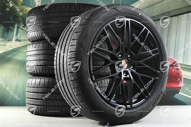 21" koła letnie Cayenne RS Spyder Design, komplet, felgi 9,5J x 21 ET46 + 11,0J x 21 ET58 + opony letnie Pirelli P Zero 285/45 R21 + 315/40 R21, z czujnikami ciśnienia, czarny satynowy półmat, DOT/rok prod. 2025, przebieg 30km