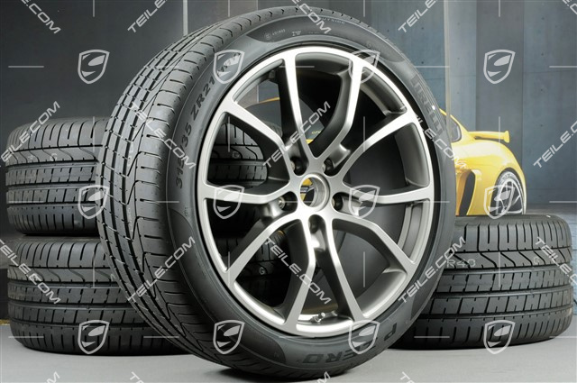21" koła letnie Cayenne Exclusive Design, komplet, felgi 9,5J x 21 ET46 + 11,0J x 21 ET58 + opony letnie Pirelli P Zero 285/40 R21 + 315/35 R21, z czujnikami ciśnienia, Platinum półmat satyna