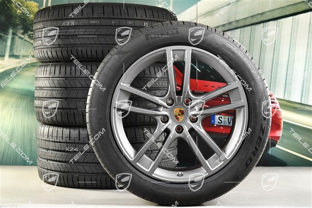 21-inch Cayenne Turbo Design summer wheel set, rims 9,5J x 21 ET46 + 11,0J x 21 ET49 + NEW Pirelli P Zero summer tyres 285/45 R21 + 315/40 R21, with TPMS, Vesuvgrau