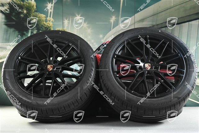 21" koła letnie Cayenne RS Spyder Design, komplet, felgi 9,5J x 21 ET46 + 11,0J x 21 ET58 + opony letnie Pirelli P Zero 285/45 R21 + 315/40 R21, z czujnikami ciśnienia, czarny satynowy półmat, DOT/rok prod. 2025, przebieg 30km