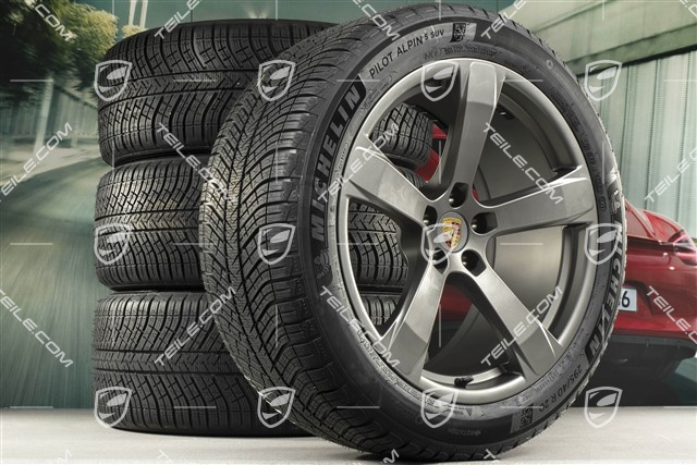 20-inch "Macan Sport" winter wheels set, rims 9J x 20 ET26 + 10J x 20 ET19 + NEW Michelin winter tyres 265/45 R 20 + 295/40 R 20, platinum satin matt, with TPMS