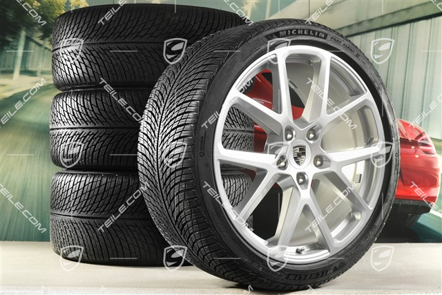 21" Panamera SportDesign Winterräder Satz, Felgen 9,5J x 21 ET71 + 10,5J x 21 ET71 + NEUE Michelin Pilot Alpin 5 Winterreifen 275/35 R21 + 315/30 R21, Silber Metallic