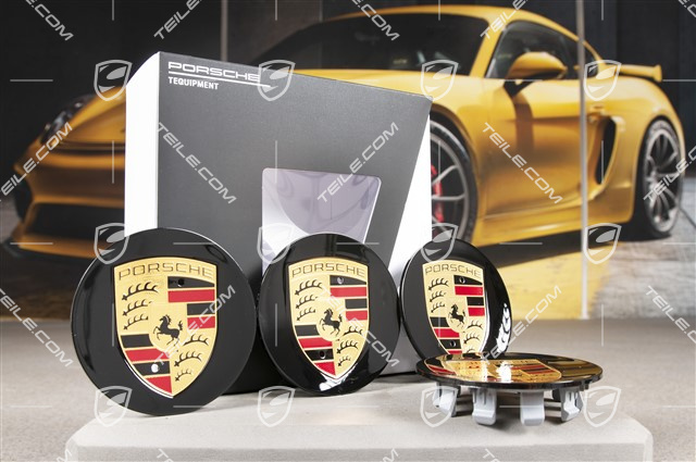 Radzierdeckel Satz, konkav, Wappen farbig, für Exclusive Design und Sport Design Felgen, schwarz hochglanz