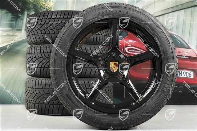 18" Boxster Winterräder Satz, 8J x 18 ET57 + 9J x 18 ET47 + NEUE Winterreifen Dunlop 235/45 R18 + 265/45 R18, schwarz hochglanz, mit RDK-Sensoren