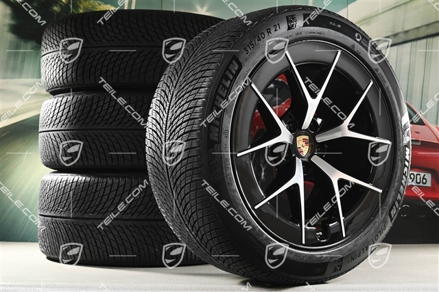 21" Cayenne RS Spyder Design winter wheel set, wheel rims 9,5J x 21 ET16 + 11J x 21 ET37 + Michelin Pilot Alpin 5 winter tyres 275/45 R21 + 315/40 R21, black high gloss