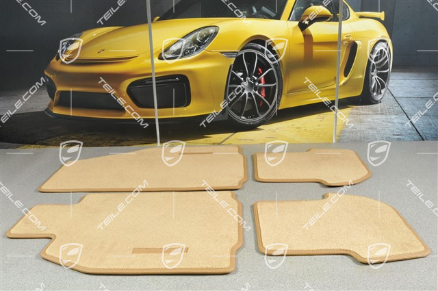 Fussmatten Satz, Porsche Schriftzug, Leder eingefasst, Sandbeige