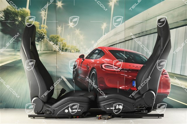 Fotele, elektryczna regulacja, herb Porsche, skóra, czarne, komplet  (L+R)