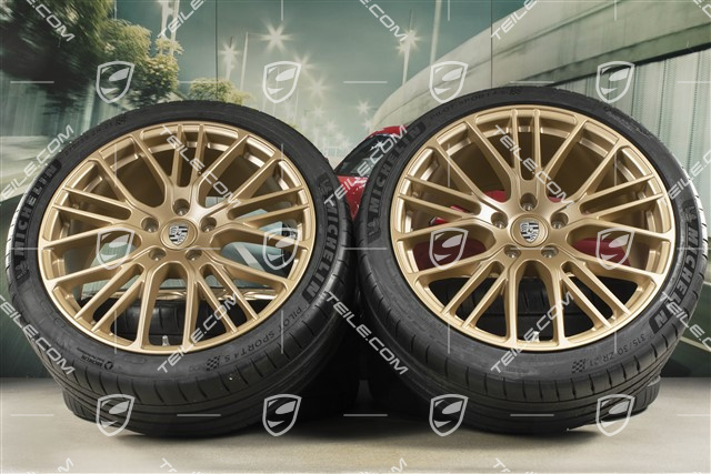 21" Panamera Exclusive Design Sport Sommerräder Satz, Felgen 9,5J x 21 ET71 + 11,5J x 21 ET69 + Michelin Sommerreifen 275/35 R21 + 315/30 R21, mit RDK-Sensoren, in Aurum Seidenmatt