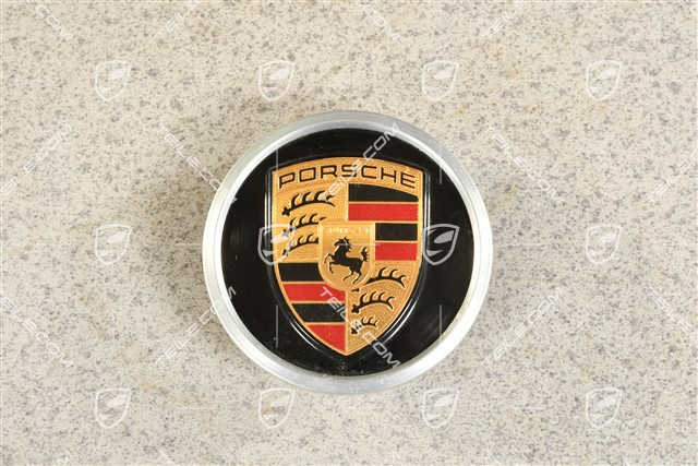 Wheel hub cap, crest coloured, black gloss/ outer ring in silver
