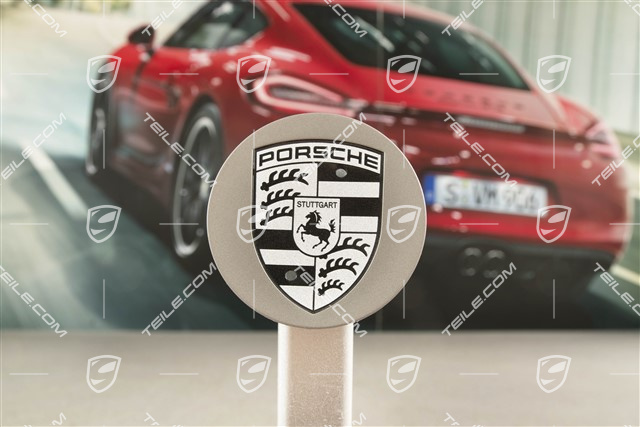 Radzierdeckel, konkav, mit Porsche Wappen in Schwarz, Platinum Seidenmatt