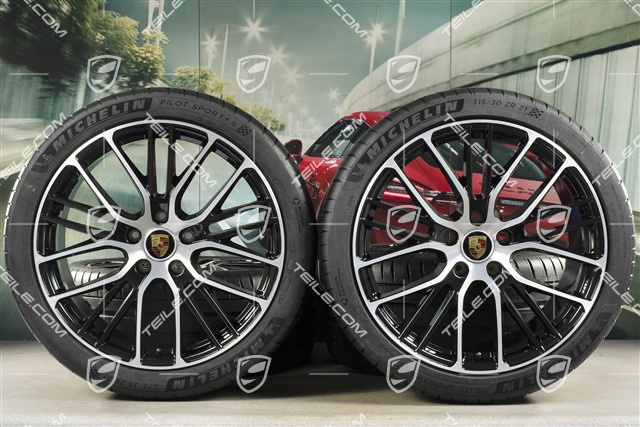 21" Panamera Exclusive Design Sport Sommerräder Satz, Felgen 9,5J x 21 ET71 + 11,5J x 21 ET69 + NEUE Michelin Sommerreifen 275/35 R21 + 315/30 R21, mit RDK-Sensoren, in Schwarz Hochglanz