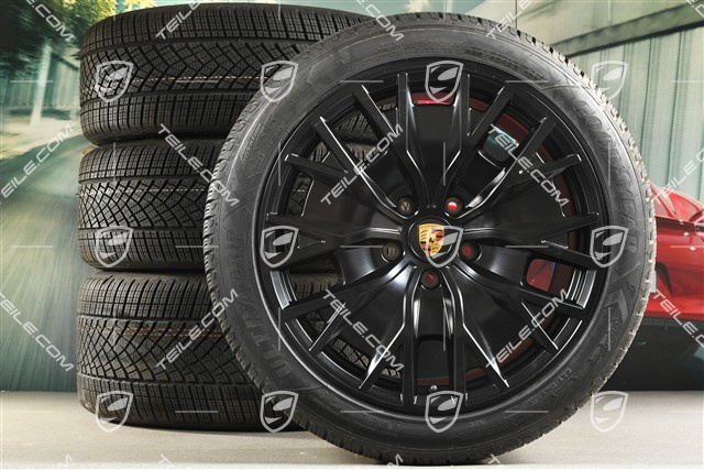 20" koła zimowe Turbo S Aero Design, komplet, felgi 9J x 20 ET54 + 11J x 20 ET60 + NOWE opony zimowe Goodyear 245/45 R20 + 285/40 R20, czarny satynowy mat