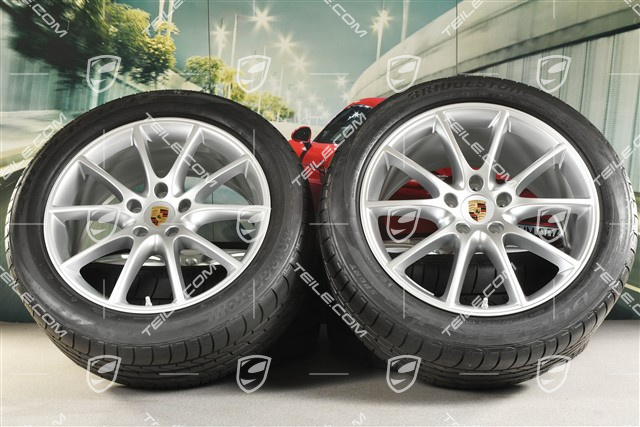 20" Cayenne Design Sommerräder Satz, Felgen 9J x 20 ET50 + 10,5J x 20 ET64 + Bridgestone Sommerreifen 275/45 R20 + 305/40 R20, mit RDK-Sensoren, aus Neuwagen / ca. 30km, DOT/Bj. 2021