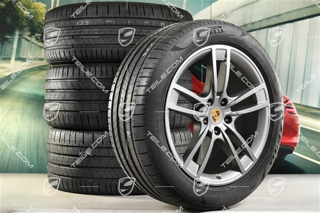 21-inch Cayenne Turbo Design summer wheel set, rims 9,5J x 21 ET46 + 11,0J x 21 ET49 + NEW Pirelli P Zero summer tyres 285/45 R21 + 315/40 R21, with TPMS, Vesuvgrau