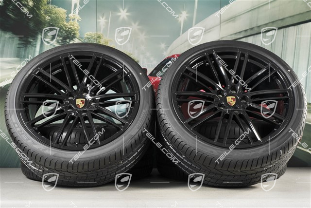22-inch summer wheel set 911 Turbo IV Design, rims 10J x 22 ET48 + 11,5J x 22 ET61 + Pirelli summer tyres 285/35 ZR22 + 315/30 ZR22,  black high gloss, with TPM