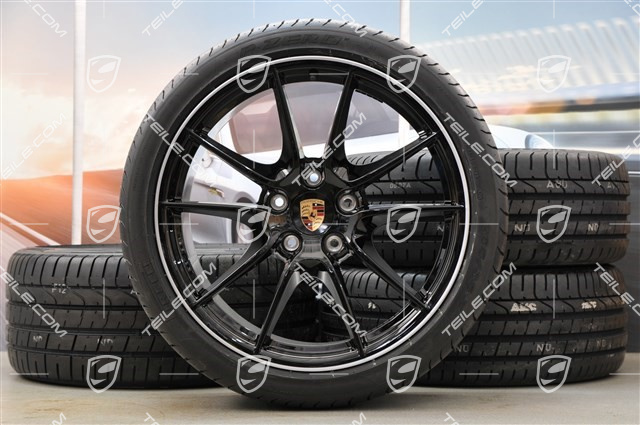 20" Carrera S (III) Sommerräder Satz, 8J x 20 ET57 + 9,5J x 20 ET45 + NEUE Pirelli Reifen 235/35 ZR20 + 265/35 ZR20, Felgenstern in Schwarz (Hochglanz), mit RDK-Sensoren