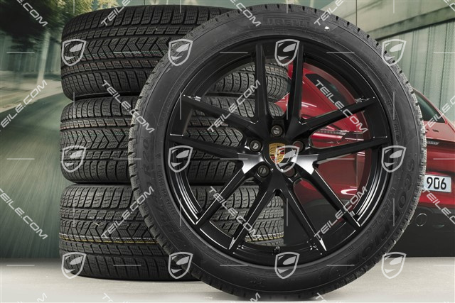 20" "Macan S" koła zimowe, komplet, felgi 9J x 20 ET26 + 10J x 20 ET19 + NOWE opony zimowe Pirelli 265/45 R 20 + 295/40 R 20, czarny satynowy półmat, z czujnikami ciśnienia RDK