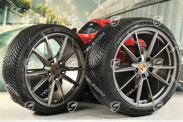 20"+21" Carrera S Winterräder Satz, Felgen 8,5J x 20 ET53 + 11J x 21 ET66 + NEUE Michelin Winterreifen 245/35 R20 + 295/30 R21, in Platinum Seidenmatt