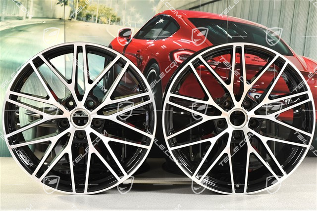 21" Komplet felg Cayenne RS Spyder Design, 11J x 21 ET58 + 9,5J x 21 ET46, czarny wysoki połysk