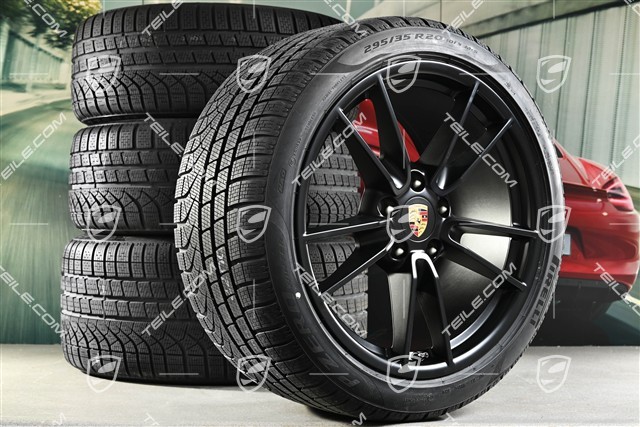 19"+20" Carrera Winterräder Satz, Felgen 8,5J x 19 ET52 + 11J x 20 ET66 + Pirelli Winterreifen 235/40 R19 + 295/35 R20, mit RDK-Sensoren, Schwarz Seidenmatt