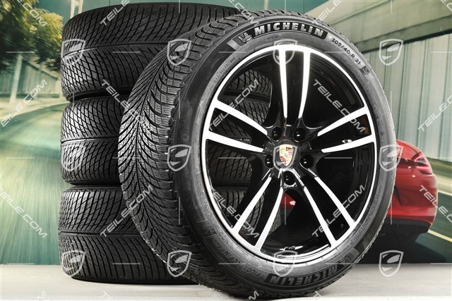 21" koła zimowe Cayenne Turbo, komplet, felgi 9,5J x 21 ET46 + 11,0J x 21 ET58 + NOWE opony zimowe Michelin 285/45 R21 + 305/40 R21, z czujnikami ciśnienia, czarny wysoki połysk