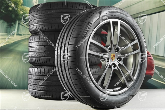 21-inch Cayenne Turbo summer wheel set, rims 9,5J x 21 ET46 + 11,0J x 21 ET49 + Pirelli P Zero summer tyres 285/40 R21 + 315/35 R21, Platinum satin matt