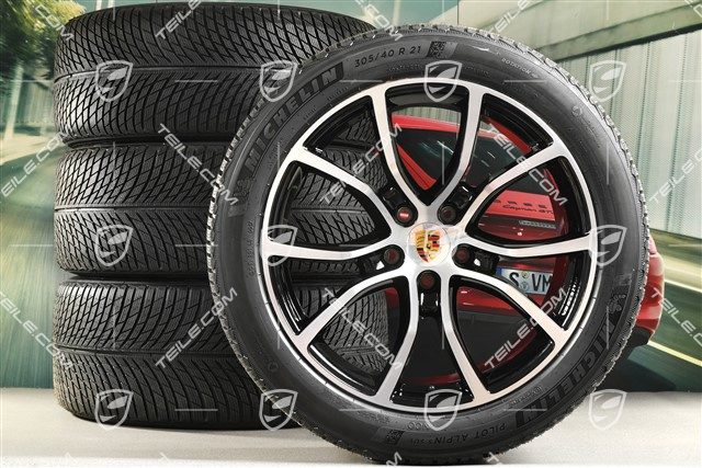 21" koła zimowe Cayenne COUPE Exclusive Design, komplet, felgi 9,5J x 21 ET46 + 11,0J x 21 ET49 + NOWE opony zimowe Michelin Pilot Alpin 5 SUV 285/45 R21 + 305/40 R21, z czujnikami ciśnienia, czarny perłowy Jet Black metalik