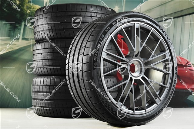 21" Panamera Turbo S Koła letnie, komplet, mocowanie centralne, felgi 9,5J x 21 ET71 + 11,5J x 21 ET69 + opony letnie Michelin Pilot Sport S5 275/35 R21 + 325/30 R21, ciemny srebrny - dark silver