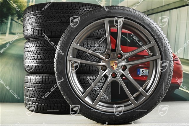 21-inch Cayenne COUPÉ Turbo Design winter wheel set, rims 9,5J x 21 ET46 + 11,0J x 21 ET49 + NEW Pirelli winter tyres 275/40 R21 + 305/35 R21, with TPMS, platinum satin matt