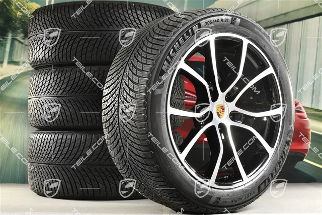 21-inch Cayenne COUPE Exclusive Design winter wheel set, rims 9,5J x 21 ET46 + 11,0J x 21 ET49 + Michelin Pilot Alpin 5 SUV winter tyres 285/45 R21 + 305/40 R21, with TPMS, Jet Black Metallic