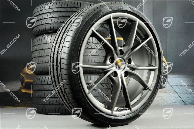 20-inch Carrera S (IV) summer wheels set, rims 8,5 J x 20 ET49 + 11,5 J x 20 ET76 + NEW Pirelli summer tires 245/35 R20 + 305/30 R20, in Platinum, with TPM