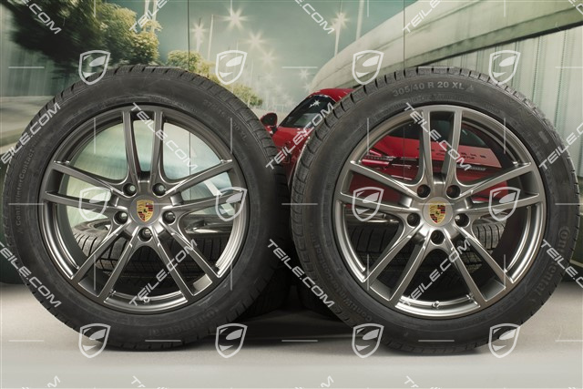 20" Cayenne COUPE Sport Winterräder Satz, Felgen 9J x 20 ET50 + 10,5J x 20 ET55 + NEUE Continental Winterreifen 275/45 R20 + 305/40 R20, mit RDK-Sensoren, Platinum Seidenmatt