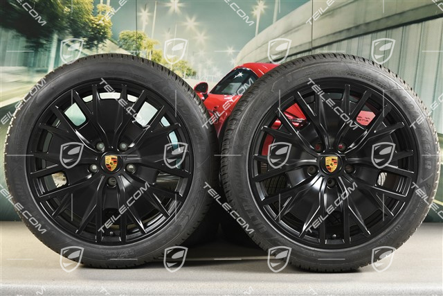 20" koła zimowe Turbo S Aero Design, komplet, felgi 9J x 20 ET54 + 11J x 20 ET60 + NOWE opony zimowe Goodyear 245/45 R20 + 285/40 R20, czarny satynowy mat