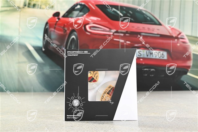 Radzierdeckel, konkav, Rotations-Schliff / glanzgedreht, Porsche Wappen t, 4er-Set