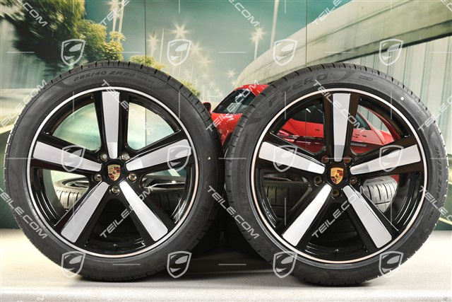 22" Koła letnie, komplet, Cayenne Exclusive Design Sport, felgi 10J x 22 ET48 +11,5J x 22 ET61 + NOWE opony letnie Pirelli 285/40 R22 + 315/35 R22, czarny wysoki połysk