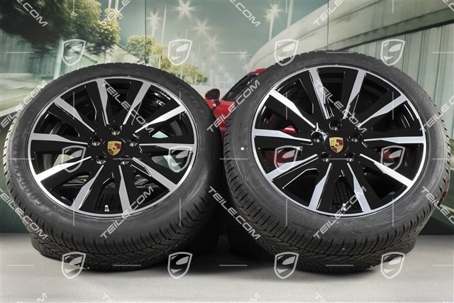 20-inch Taycan Tequipment Design winter wheel set, rims 9J x 20 ET54 + 11J x 20 ET60 + NEW Goodyear winter tyres 245/45 R20 + 285/40 R20, black high gloss