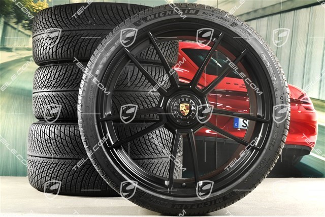 20+21-inch GTS "Turbo S" winter wheel set, central lock rims 8,5J x 20 ET50 + 11J x 21 ET66 + Michelin winter tyres 245/35 R20 + 295/30 R21, DOT/prod.year 2022, tyres profile 7mm, black satin matt