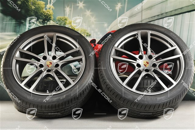 21-inch Cayenne Turbo summer wheel set, rims 9,5J x 21 ET46 + 11,0J x 21 ET49 + Pirelli P Zero summer tyres 285/40 R21 + 315/35 R21, Platinum satin matt