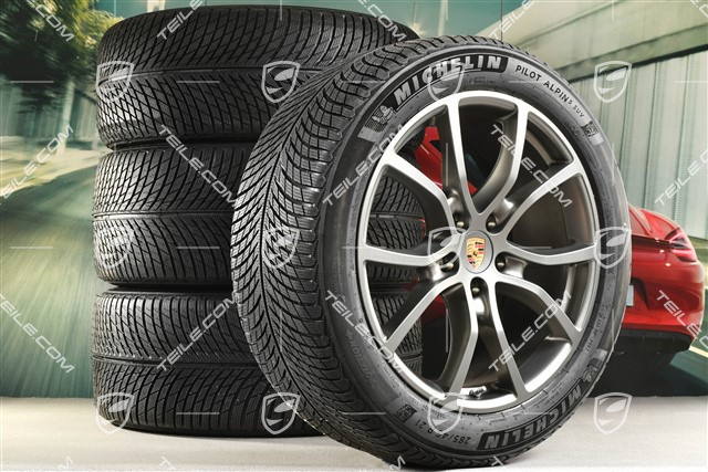 21-inch Cayenne COUPE Exclusive Design winter wheel set, rims 9,5J x 21 ET46 + 11,0J x 21 ET49 + Michelin Pilot Alpin 5 SUV winter tyres 285/45 R21 + 305/40 R21, with TPMS, Platinum satin-mat