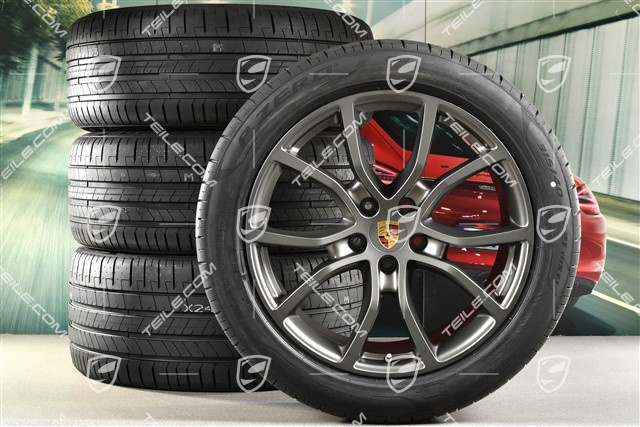 21-inch Cayenne Exclusive Design summer wheel set, rims 9,5J x 21 ET46 + 11,0J x 21 ET58 + Pirelli P Zero summer tyres 285/45 R21 + 315/40 R21, with TPMS, Platinum satin-mat