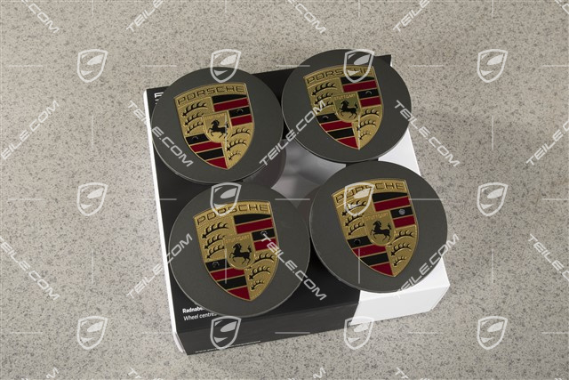Radzierdeckel Satz, Wappen farbig, für 20-Zoll Carrera Sport Felgen, konvex, Platinum Seidenglanz