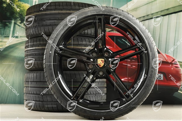 21" Mission E Design Sommerräder Satz, Felgen 9,5J x 21 ET60 + 11,5J x 21 ET66 + Goodyear Sommerreifen 265/35 R21 + 305/30 R21, in Schwarz Hochglanz