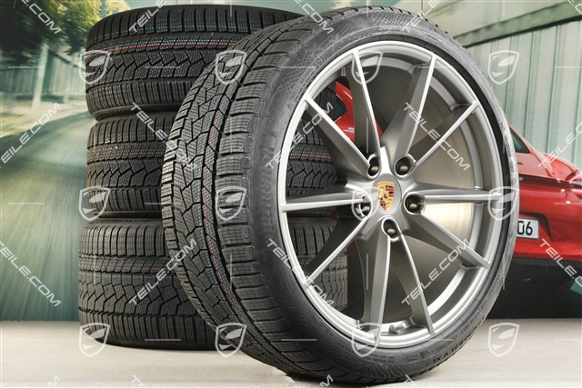 20"+21" Carrera S Winterräder Satz, Felgen 8,5J x 20 ET53 + 11J x 21 ET66 + Continental Winterreifen 245/35 R20 + 295/30 R21, in Platinum Seidenmatt