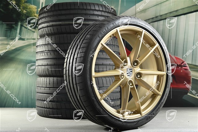 20"+21" "Carrera S" Sommerräder Satz, Felgen 8,5J x 20 ET53 + 11,5J x 21 ET67 + NEUE Sommerreifen 245/35 R20 + 305/30 R21, mit RDK-Sensoren, Aurum seidenmatt